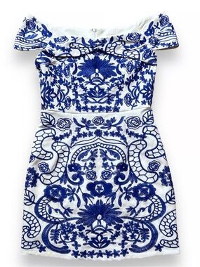 Foxiedox White Blue Embroidered Off the Shoulder Mini Dress S